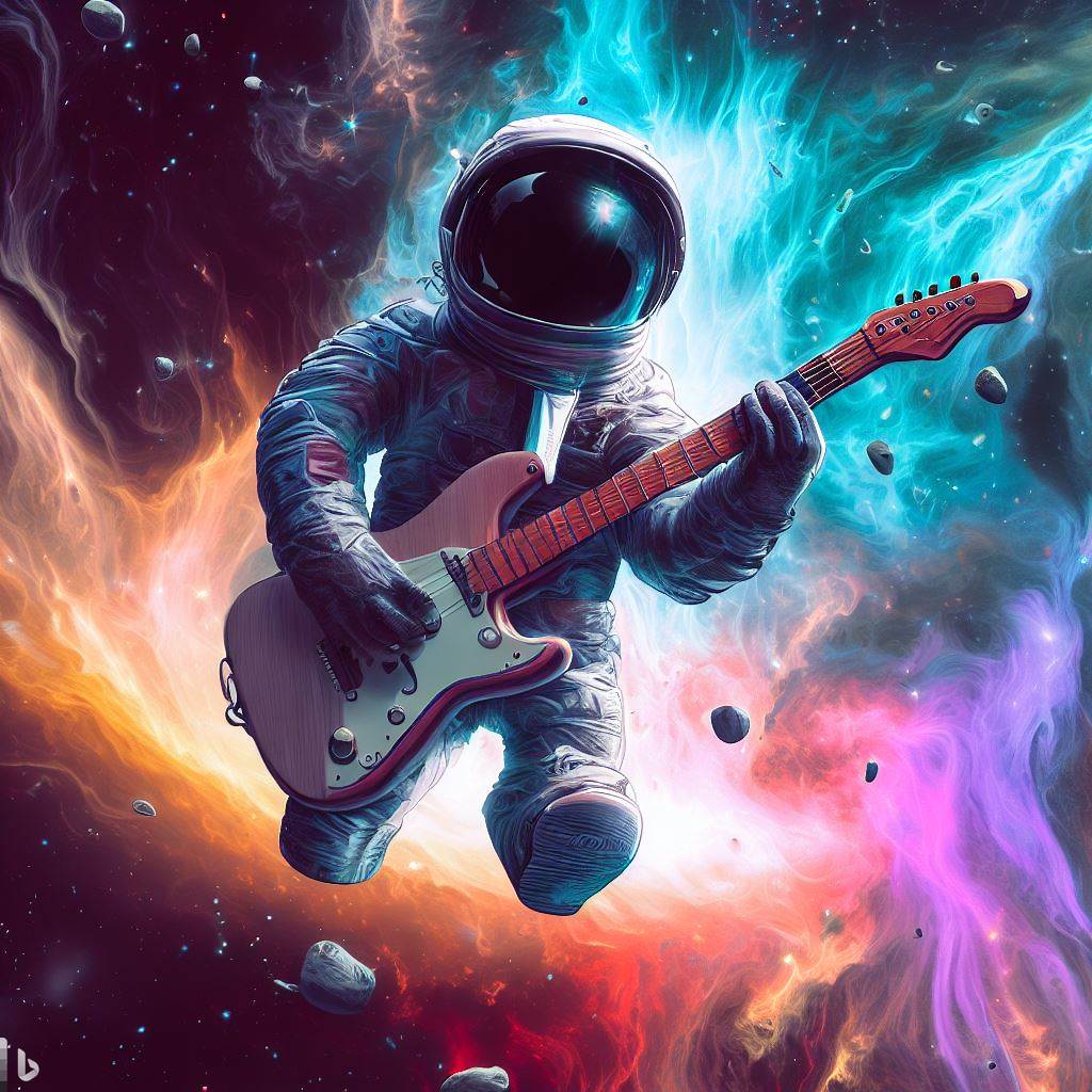Image-1 This AI-generated image, titled "Galactic Melodies: An Astronaut's Cosmic Concert: An Astronaut's Interstellar Recital," invites viewers into an ethereal realm beyond earthly confines