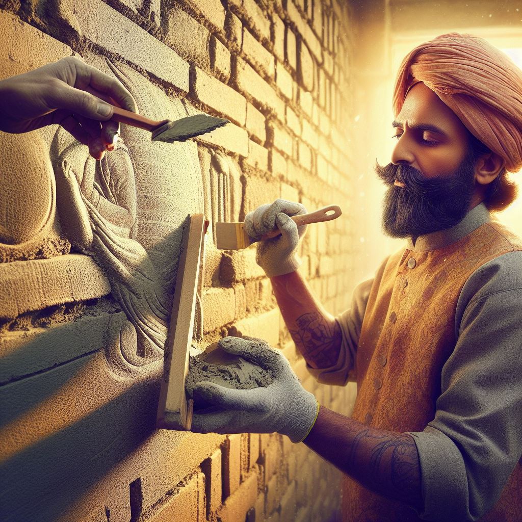 Image Capturing the moment when Raj (Indian Master Mason) is applying Deewar (wall) plaster to a finished wall. With his tools for Plaster.