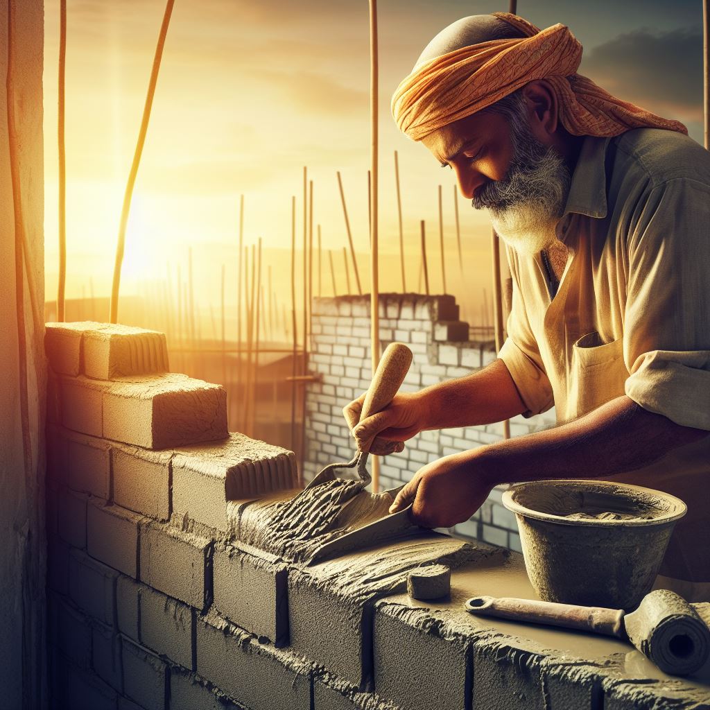 A second image Capturing the moment when Raj (Indian Master Mason) is applying Deewar (wall) plaster to a finished wall. With his tools for Plaster.