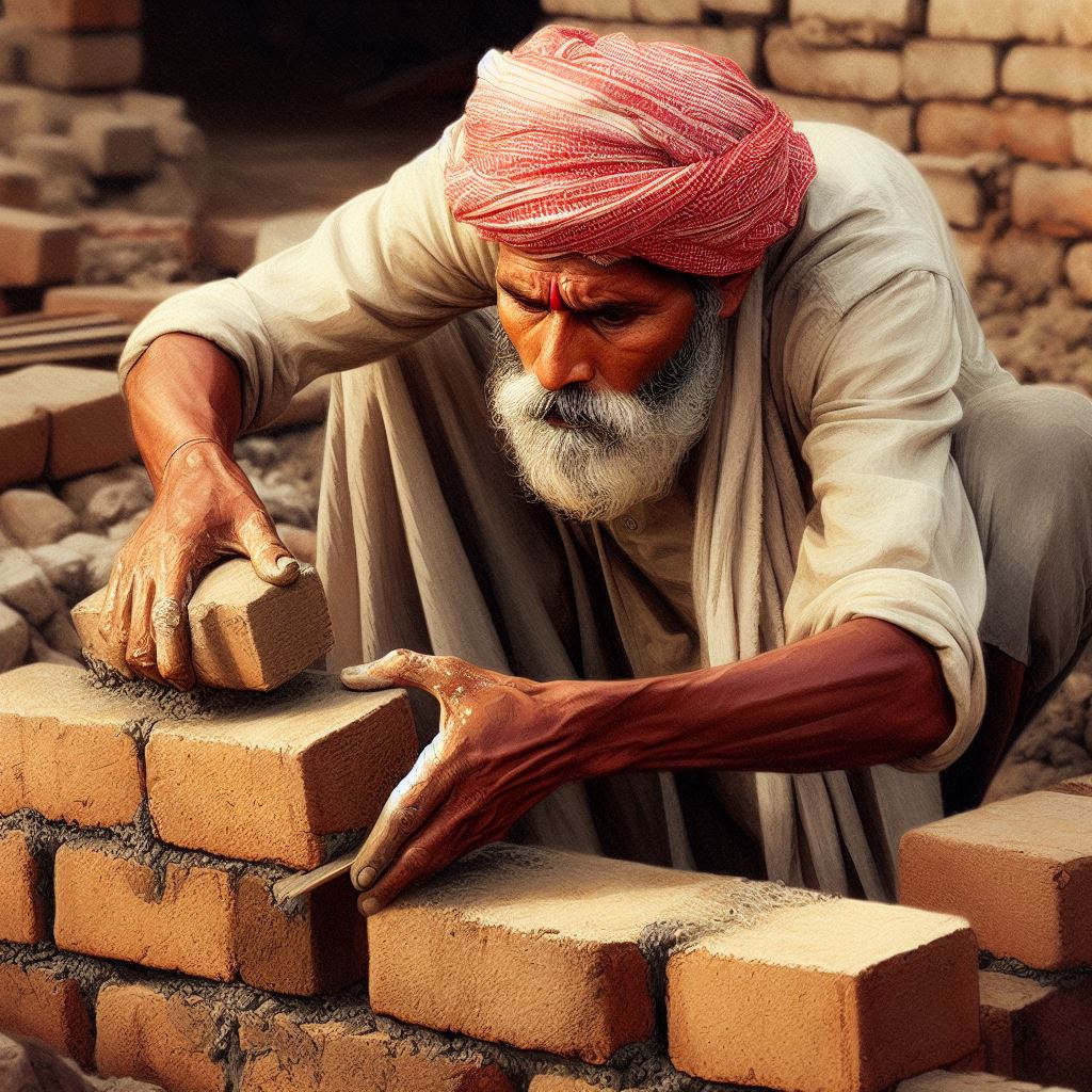 A second image of Indian Raj Mistry in action with Karni Tools, tasla for Plaster, carefully placing bricks to create a sturdy wall. Highlight the concentration on his face and the skillful positioning of each brick.