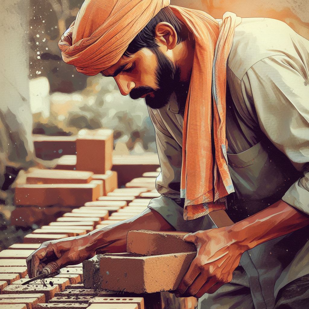 An image of Indian Raj Mistry in action with Karni Tools, tasla for Plaster, carefully placing bricks to create a sturdy wall. Highlight the concentration on his face and the skillful positioning of each brick.