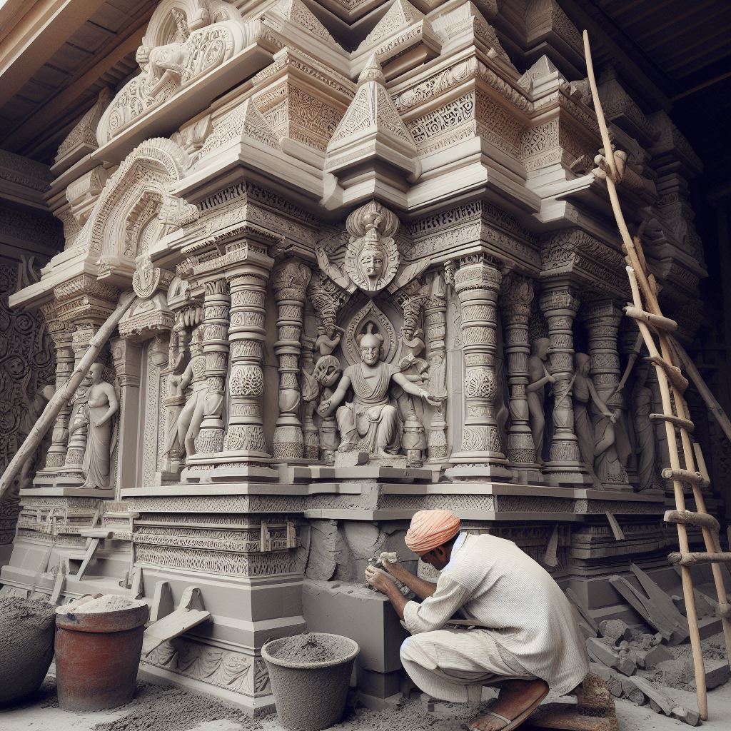 An image depicting an Indian "Raj Mistry" master mason working on the construction of a temple. Capture the architectural details, religious symbolism, and the spiritual significance associated with their craft.