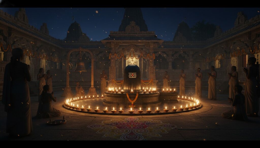 A serene night scene of a Hindu temple with a Shiva Lingam, illuminated by oil lamps and candles. Faint silhouettes of devotees are visible, creating a peaceful and spiritual atmosphere.