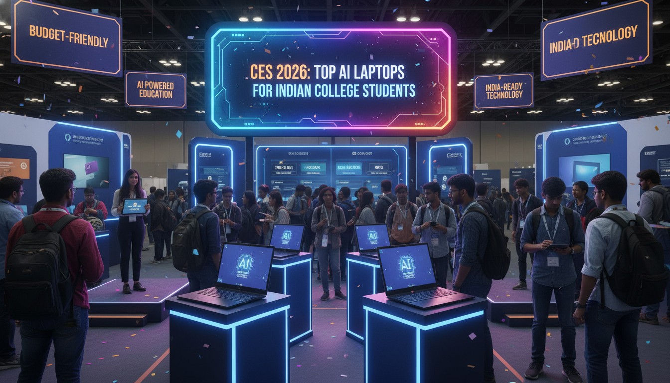 Futuristic AI laptop concept with CES 2026 background and Indian student studying