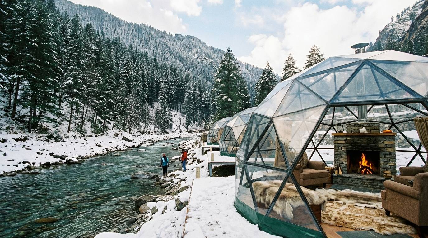 Luxury Glamping Tent in Snow-covered Tirthan Valley Himachal Pradesh