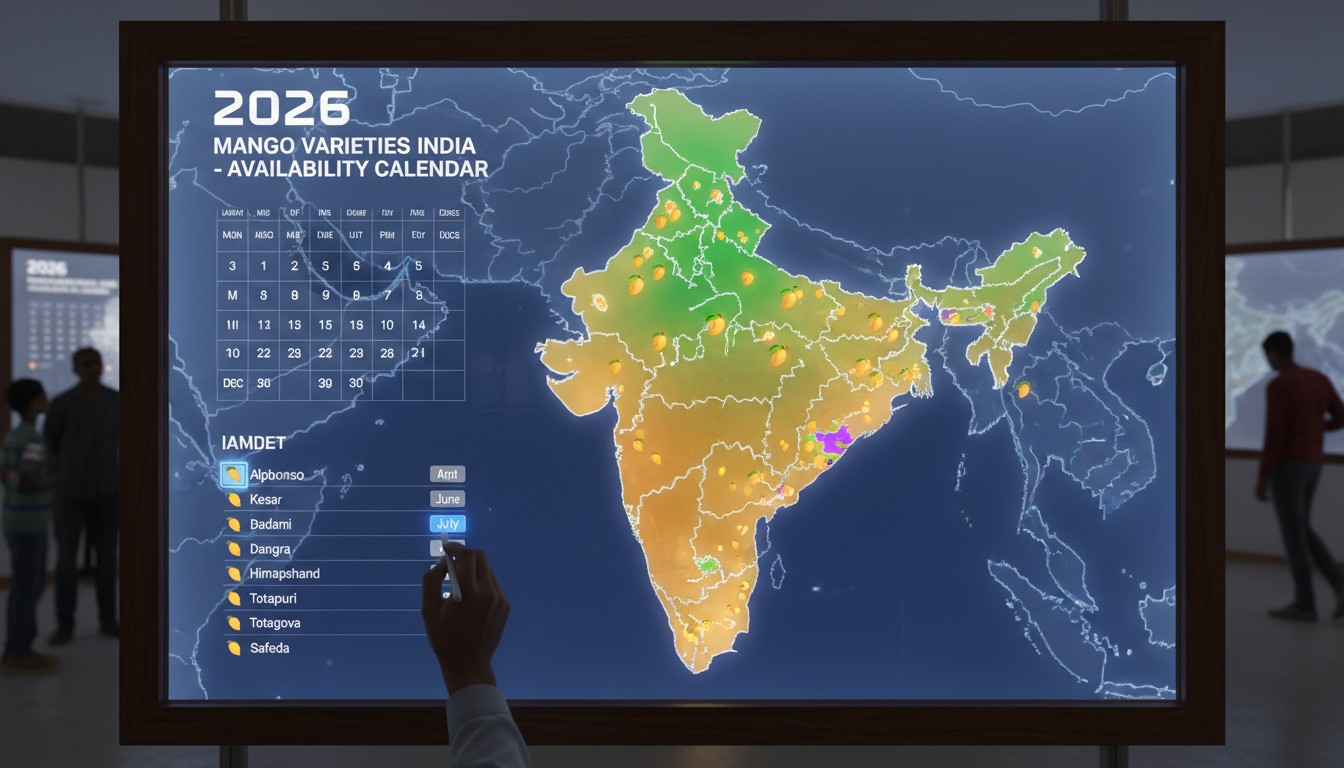 Indian Mango Varieties Calendar 2026 Infographic showing different types of mangoes and their peak months.