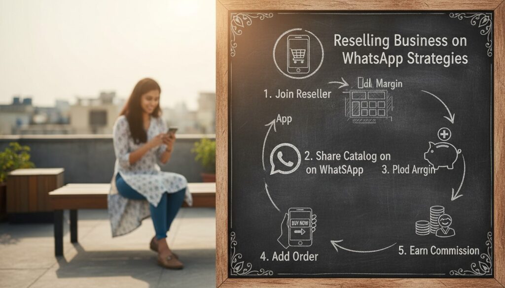 Woman using smartphone for WhatsApp reselling business with product catalogs in background