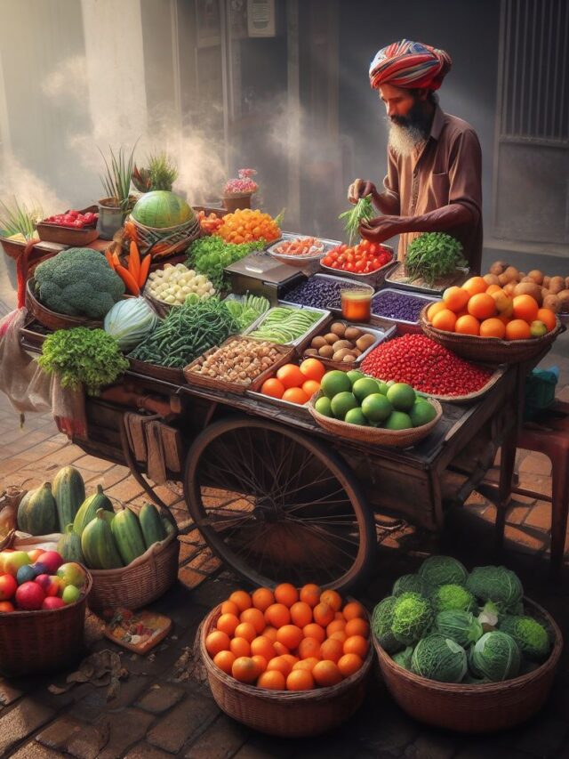The second image of the thelewala setting up his cart in the morning, arranging fruits and vegetables to prepare for the day's sales.