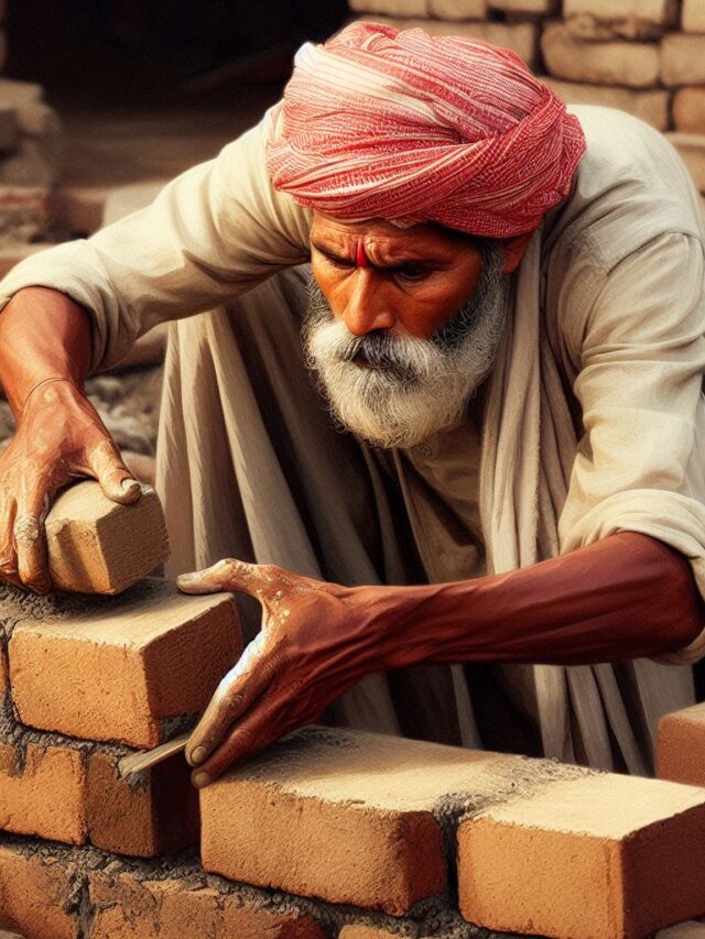 A second image of Indian Raj Mistry in action with Karni Tools, tasla for Plaster, carefully placing bricks to create a sturdy wall. Highlight the concentration on his face and the skillful positioning of each brick.