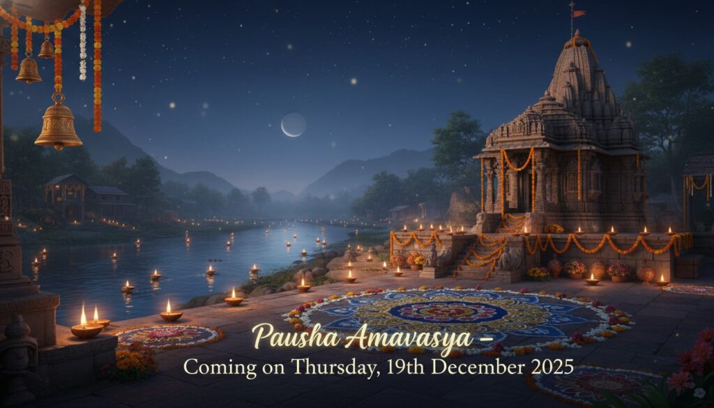 A serene night sky with a faint new moon (Pausha Amavasya), spiritual elements like diyas or offerings, with the date 'December 19, 2025, Friday' subtly integrated, representing ancestral rituals and spiritual reflection in Hindi.