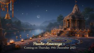 A serene night sky with a faint new moon (Pausha Amavasya), spiritual elements like diyas or offerings, with the date 'December 19, 2025, Friday' subtly integrated, representing ancestral rituals and spiritual reflection in Hindi.