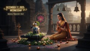 A serene image of a Shiva Lingam being offered milk and bilva leaves, with a devotee praying in soft evening light, highlighting 'December 17, 2025, Wednesday.'