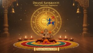 A vibrant astrological chart showing the sun with bright golden rays entering the Sagittarius (Dhanu) zodiac sign, adorned with traditional Indian motifs and a small brass Surya idol.Dhanu Sankranti 2025