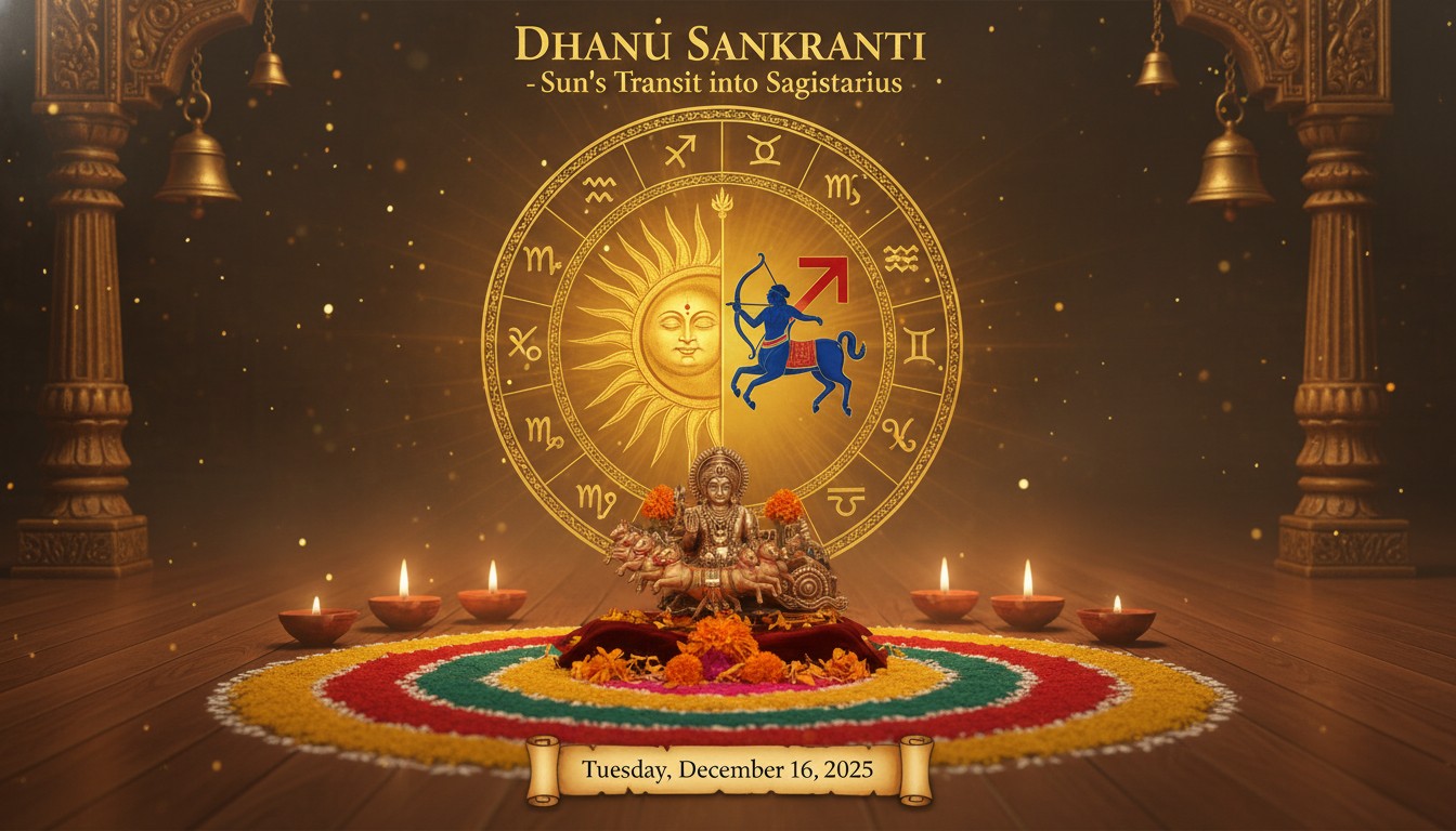A vibrant astrological chart showing the sun with bright golden rays entering the Sagittarius (Dhanu) zodiac sign, adorned with traditional Indian motifs and a small brass Surya idol.Dhanu Sankranti 2025
