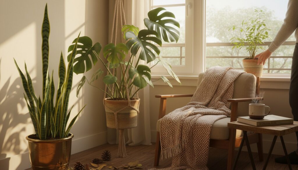 A cozy indoor corner with a large Snake Plant and a Monstera in elegant planters, next to a window with diffused winter sunlight, with a hand mulching a small outdoor plant in the foreground, showcasing winter gardening trends for Indian homes.