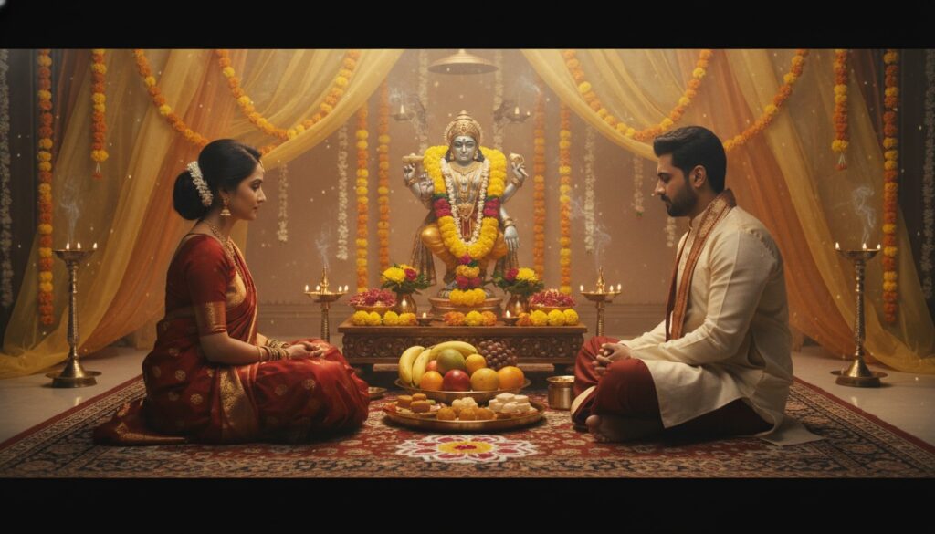A devout Indian couple in traditional attire performing Puja for Lord Vishnu. They are seated before a small altar with offerings of fruits, flowers, and sweets. The setting is intimate and hopeful, with a soft devotional glow from oil lamps and a garland of yellow flowers.paush putrada ekadashi 2025