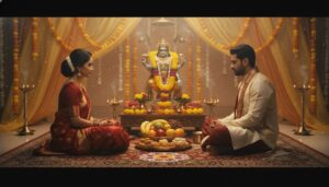 A devout Indian couple in traditional attire performing Puja for Lord Vishnu. They are seated before a small altar with offerings of fruits, flowers, and sweets. The setting is intimate and hopeful, with a soft devotional glow from oil lamps and a garland of yellow flowers.paush putrada ekadashi 2025