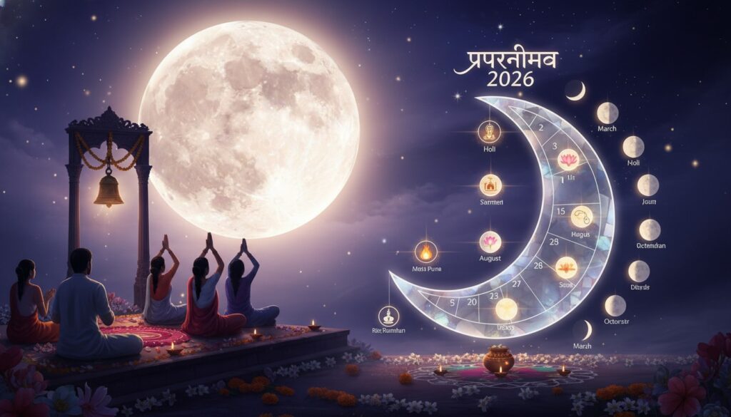 Luminous full moon in a night sky with silhouettes of people performing rituals or meditations, and moon phases integrated into a yearly calendar for 2026.