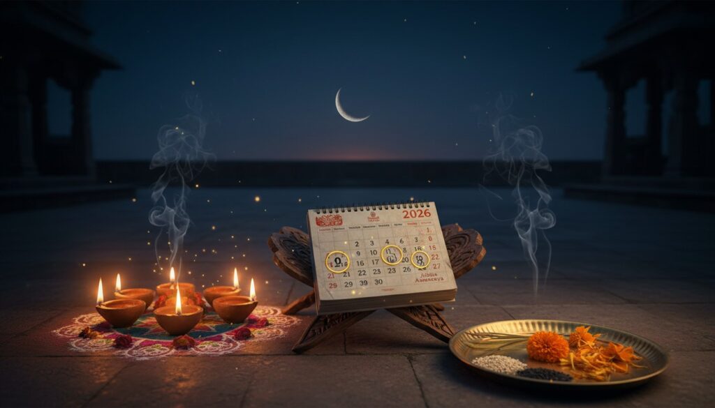 2026 की अमावस्या तिथि कैलेंडर, मिट्टी के दीये और तर्पण के लिए चढ़ावे के साथ अमावस्या की रात का एक प्रतीकात्मक चित्रण।