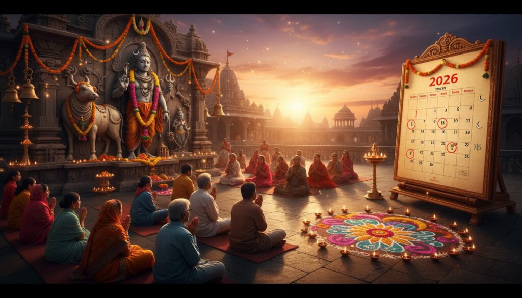 Lord Shiva and Nandi with devotees performing prayers during Pradosh Kaal sunset, highlighting a calendar of auspicious Pradosh Vrat dates for 2026.