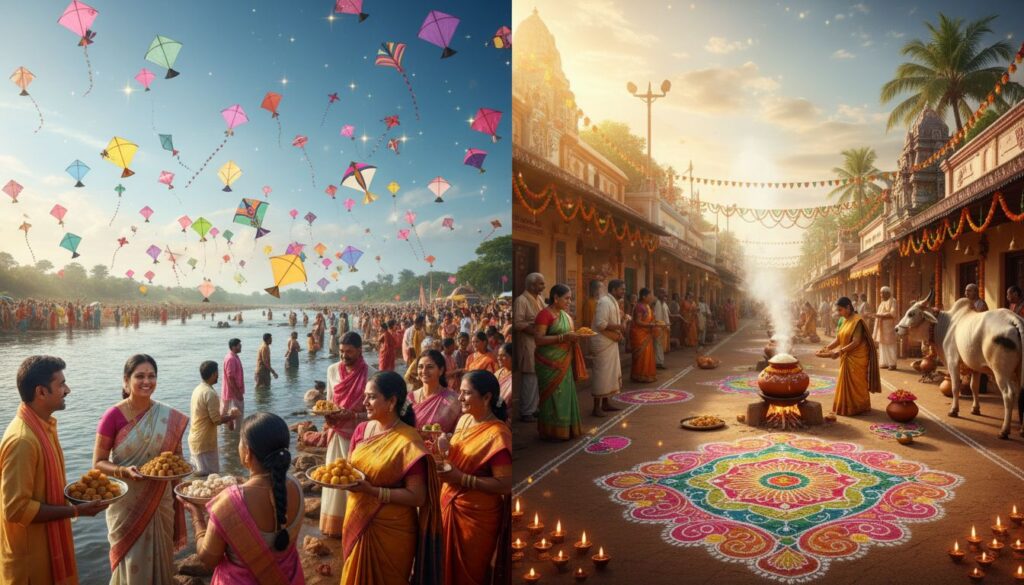 Vibrant illustration of Makar Sankranti and Pongal festivities, showing colorful kites flying in the sky over a North Indian village, farmers celebrating harvest, traditional sweet rice Pongal being prepared, and intricate rangoli designs outside a South Indian home, depicting the rich cultural diversity of India.