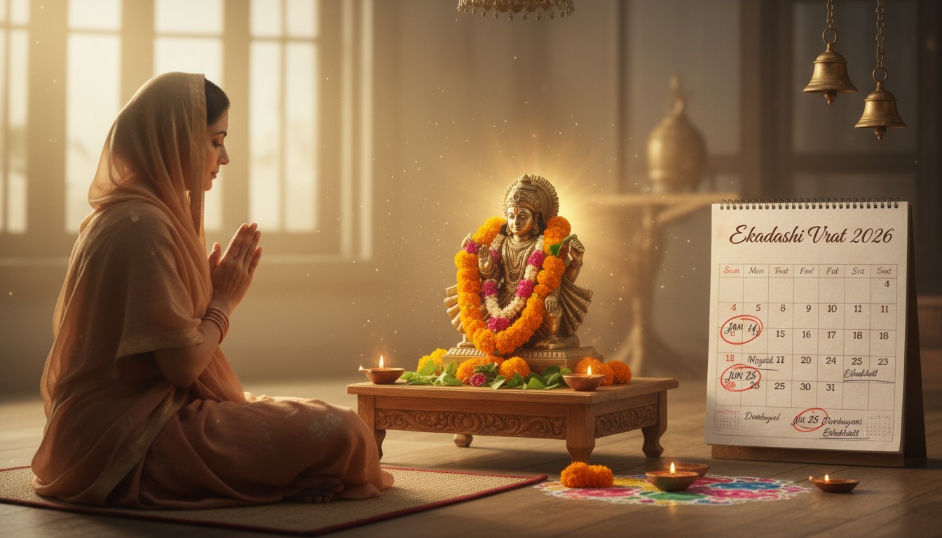 A serene Indian devotee with folded hands praying before a small altar adorned with Lord Vishnu's idol, fresh tulsi leaves, and marigold flowers. A traditional Hindu calendar for 2026 with circled Ekadashi dates is subtly visible in the background, bathed in a soft, ethereal glow.