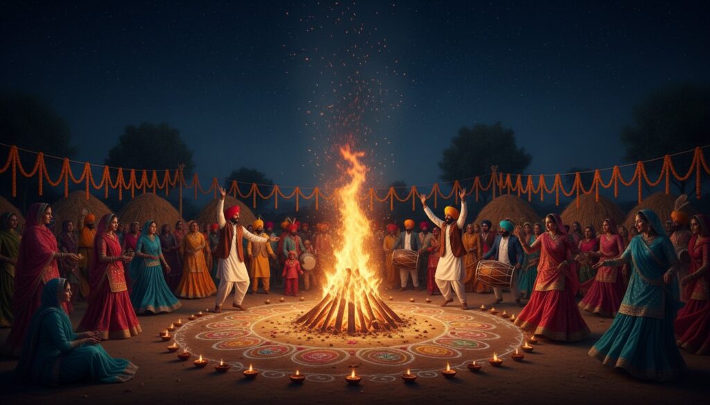 Lohri-Uttari-Bharat-Fasal-Utsav-2026 Families and communities gather around a roaring bonfire, offering peanuts, popcorn, and rewari to the sacred flames, while performing lively Bhangra and Giddha dances in colorful traditional attire during Lohri festival.