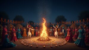 Lohri-Uttari-Bharat-Fasal-Utsav-2026 Families and communities gather around a roaring bonfire, offering peanuts, popcorn, and rewari to the sacred flames, while performing lively Bhangra and Giddha dances in colorful traditional attire during Lohri festival.
