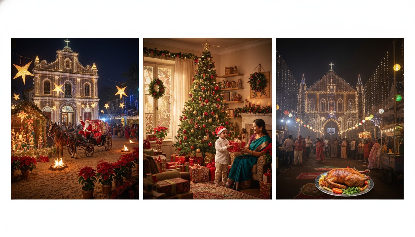 bharat-mein-christmas 2025 Celebrations Brightly decorated church in India with fairy lights and a Christmas star, symbolizing Christmas celebrations in a vibrant Indian setting.