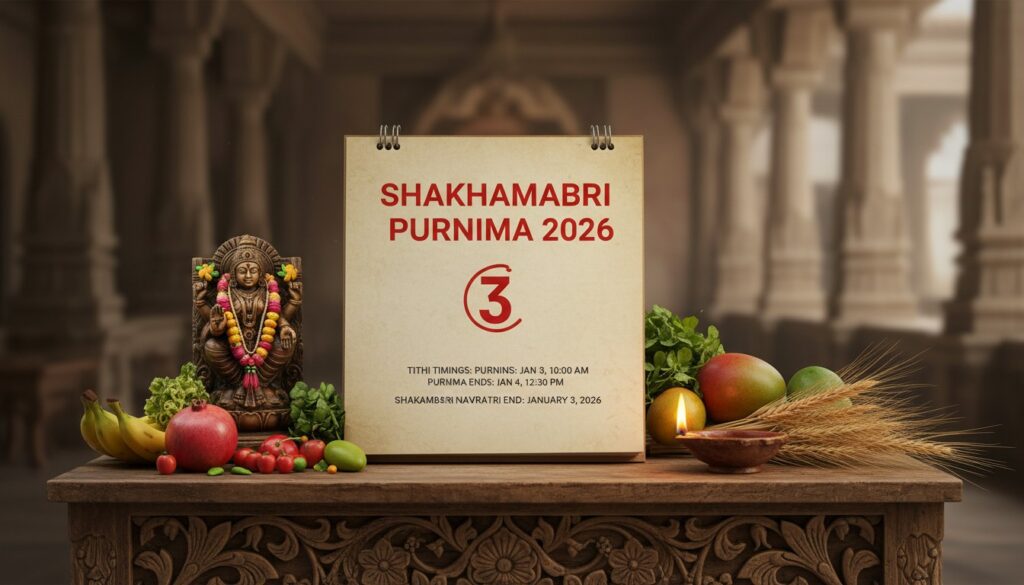 Maa Shakambari Devi idol decorated with fresh green vegetables and fruits for Purnima Puja 2026