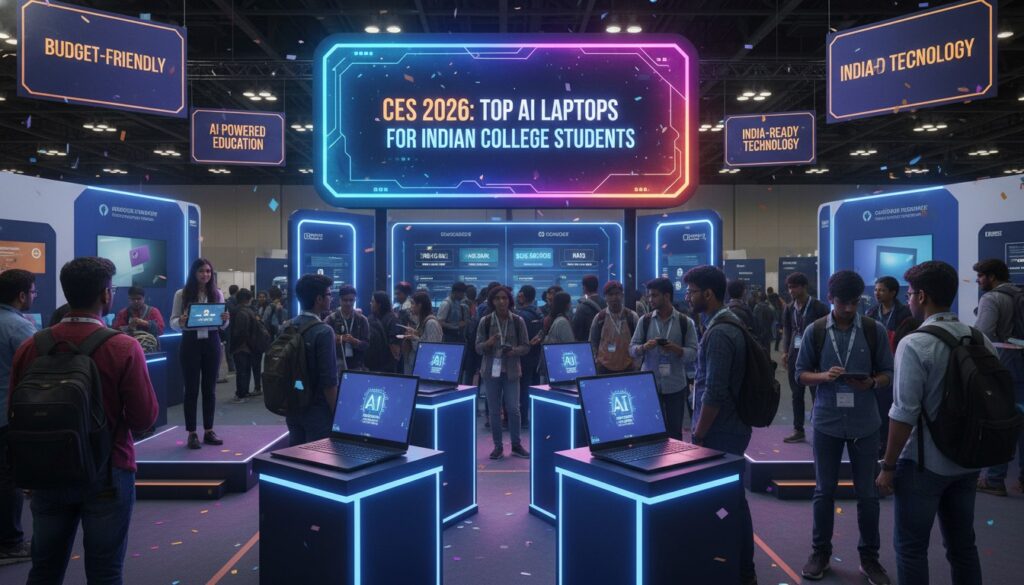 Futuristic AI laptop concept with CES 2026 background and Indian student studying