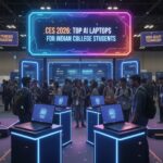 Futuristic AI laptop concept with CES 2026 background and Indian student studying