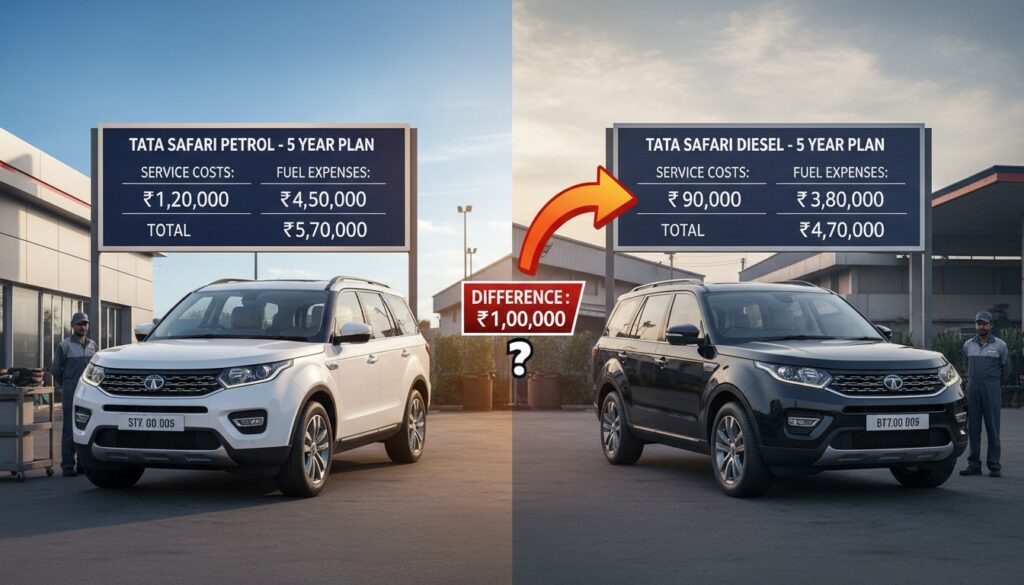 Tata Safari Petrol vs Diesel maintenance cost comparison chart with engine background