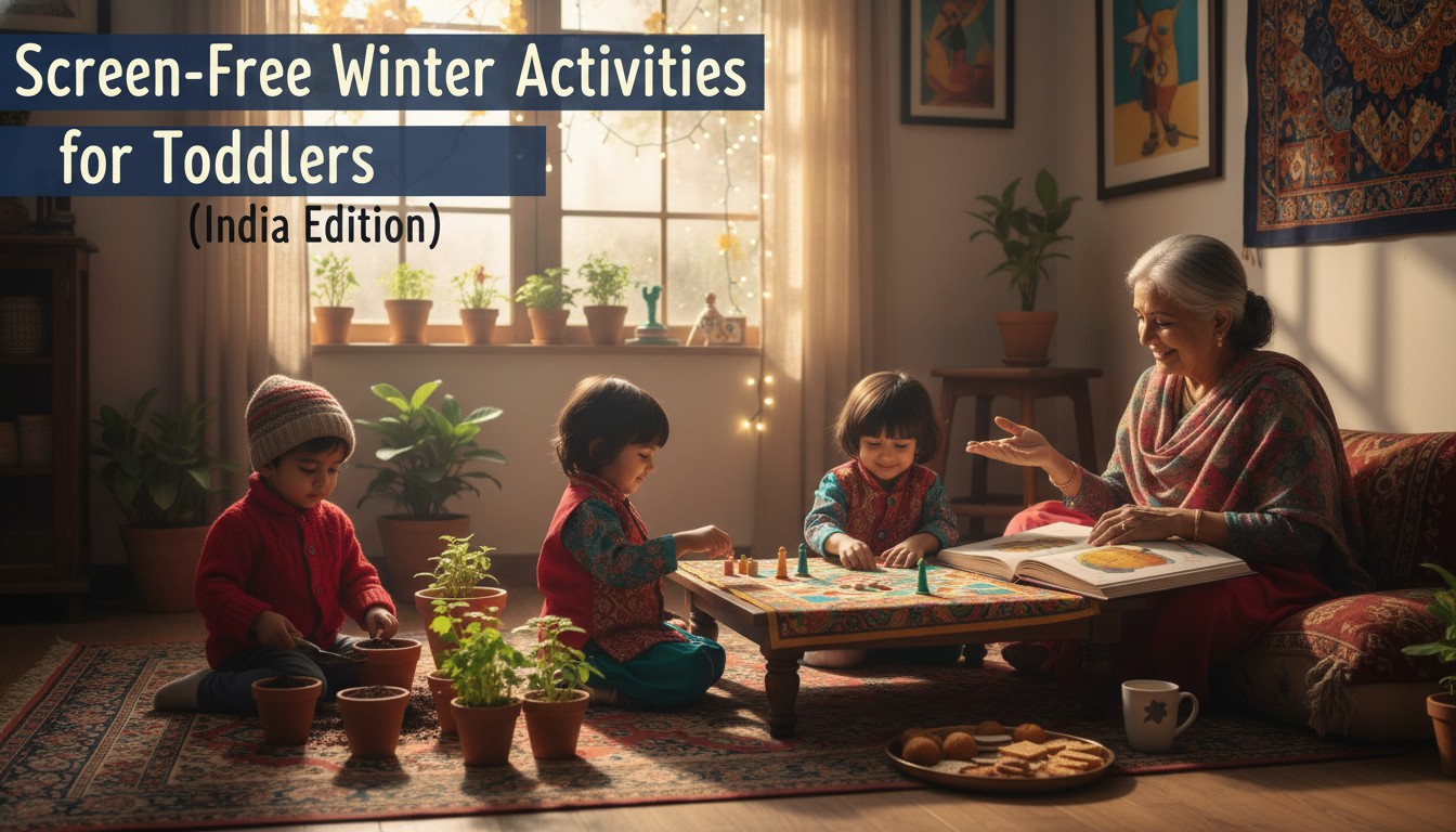 Indian toddler playing with dough and kitchen utensils on a winter afternoon
