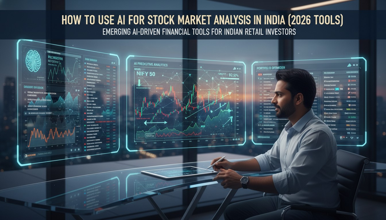 Dashboard of an AI stock analysis tool showing Indian stock market charts and predictive signals on a laptop screen.