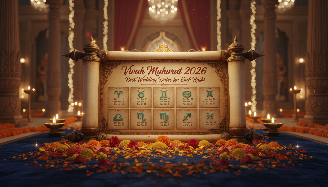 Indian bride and groom holding hands during Vivah Muhurat 2026 ceremony with calendar background