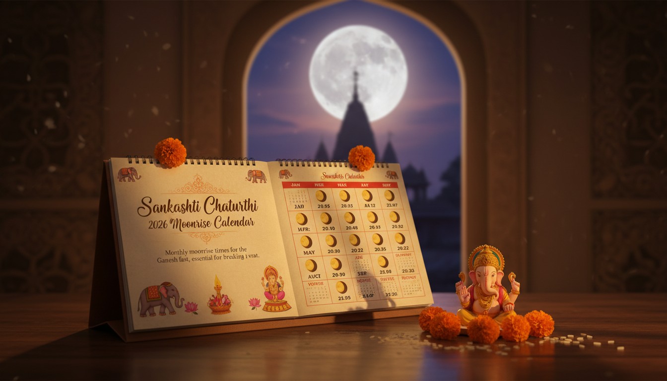 Sankashti Chaturthi 2026 Calendar with Lord Ganesha Idol and Moonrise background