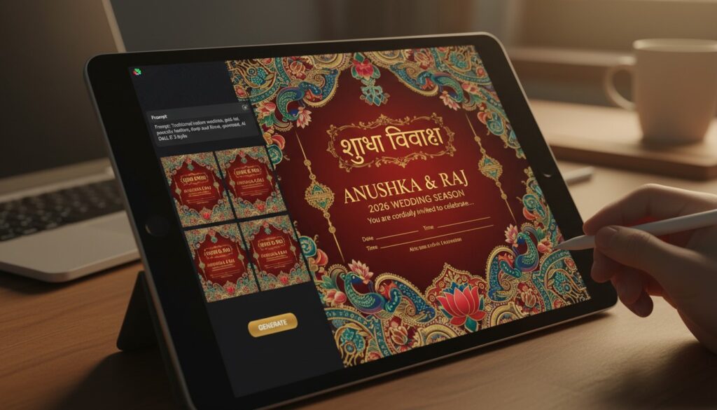 AI generated Shubh Vivah wedding invitation card with traditional Ganesha motif and floral border on a smartphone screen