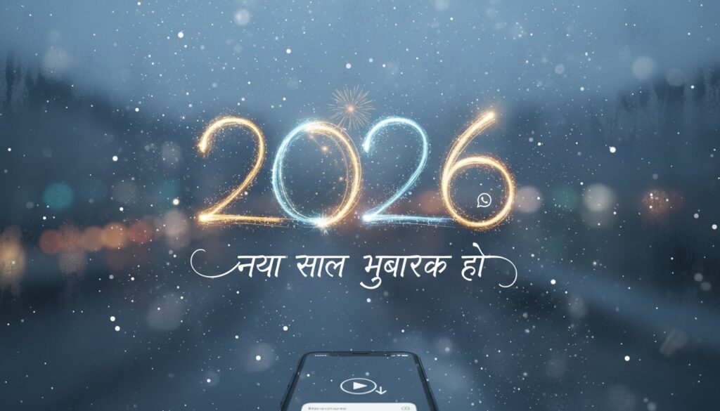 2026 new year celebration graphic with hindi text and fireworks