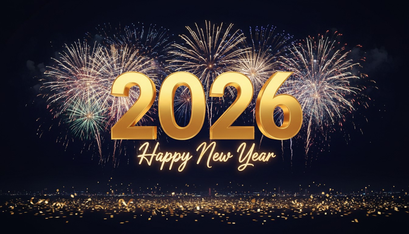 Happy New Year 2026 golden text with fireworks background
