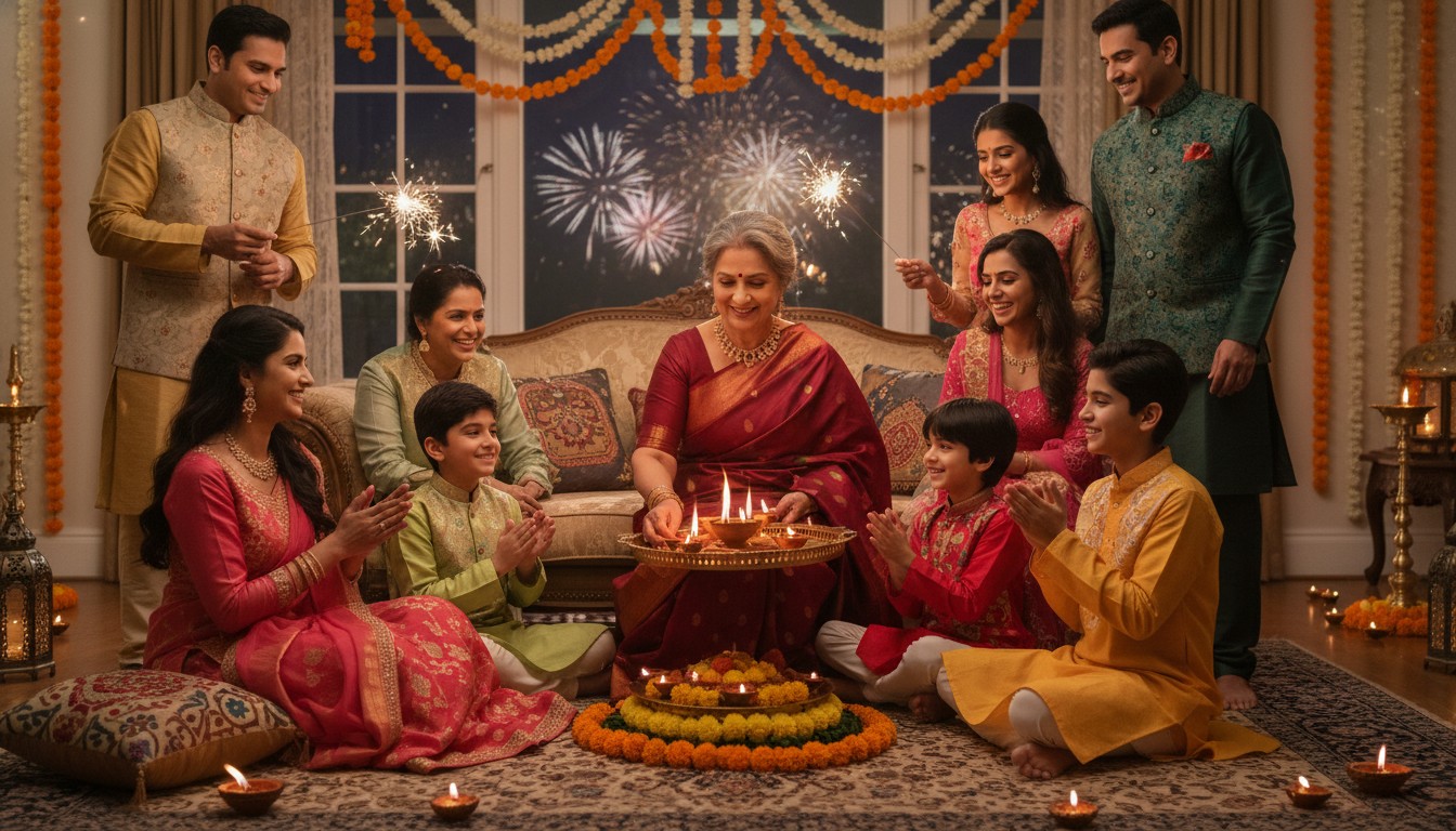 Indian family celebrating new year together with lights