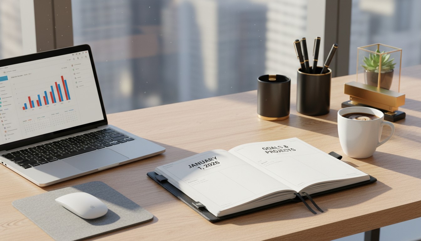 Professional workspace with 2026 diary and coffee