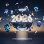 Futuristic smartphone displaying a hologram of Happy New Year 2026 with Indian cultural elements