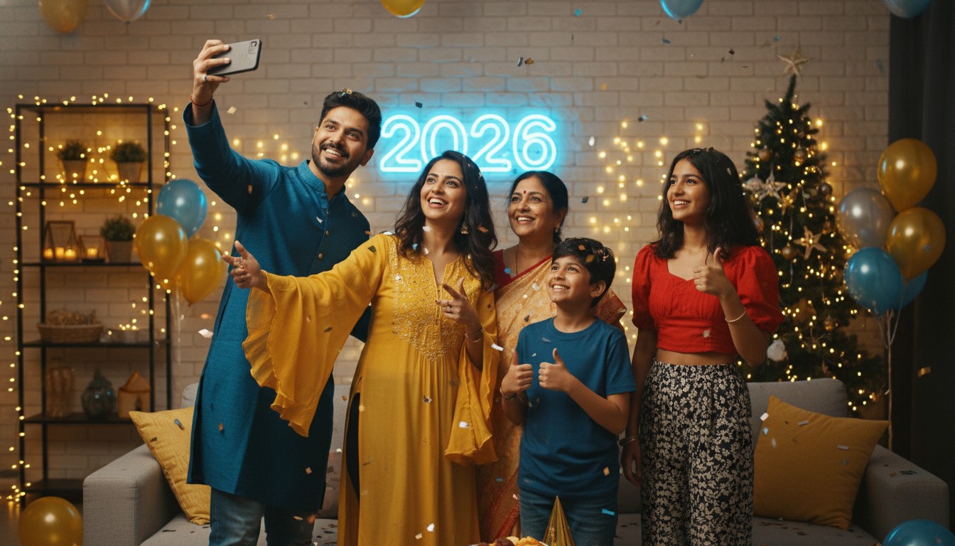Indian family celebrating New Year 2026 at home