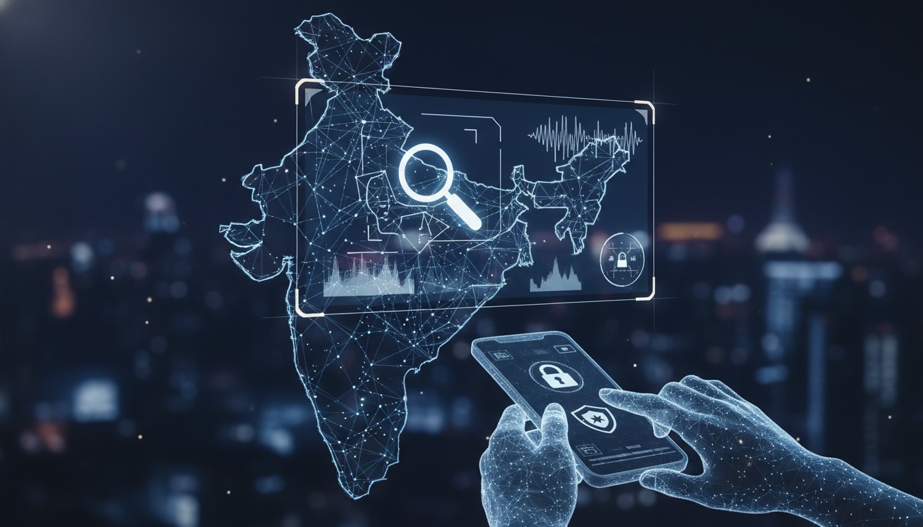 Concept art showing a digital shield analyzing a glitched human face on a screen representing deepfake detection technology.