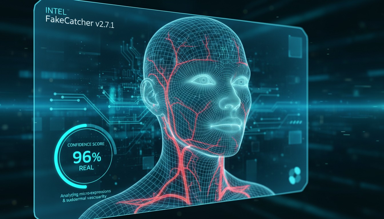 Intel FakeCatcher interface analyzing blood flow signals on a face