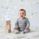 Cute Indian baby smiling during a New Year 2026 photoshoot with festive props and fairy lights