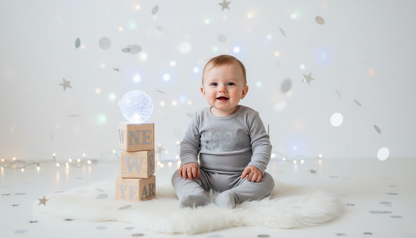 Cute Indian baby smiling during a New Year 2026 photoshoot with festive props and fairy lights