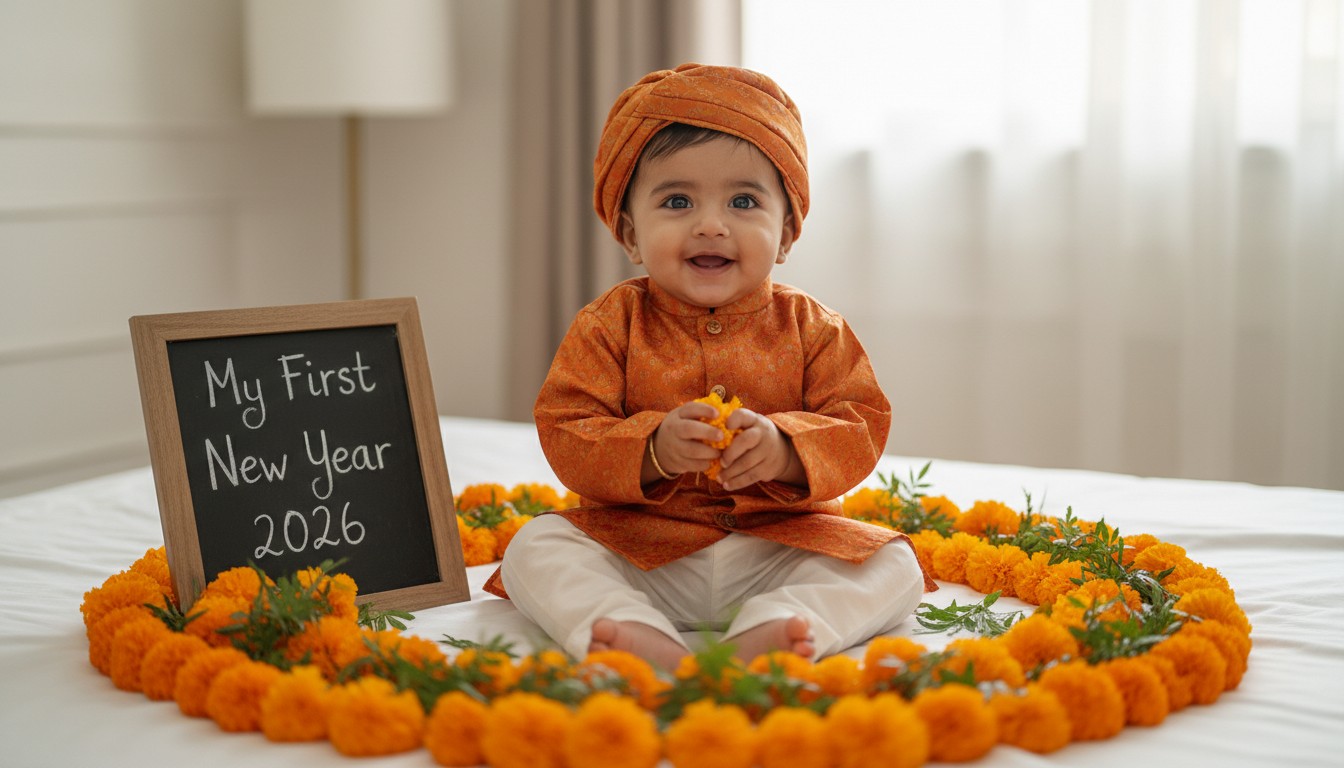 Indian baby in traditional dress for New Year photoshoot with marigolds