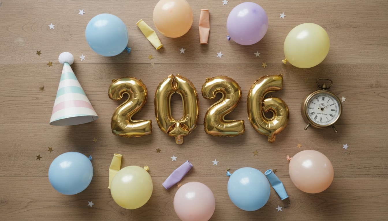 Props for New Year 2026 baby photoshoot including balloons and clock
